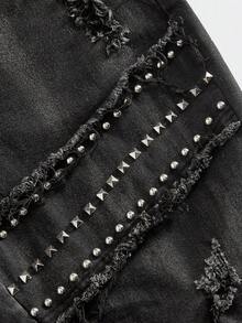 ROMWE MEN Grunge Punk Herren Mode Zerrissene Nieten Dekor Bootcut Jeans - Schwarz - Übersicht 4