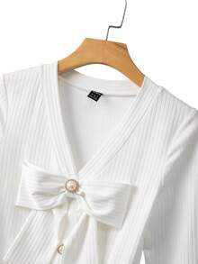 Franclia Women's Elegant Long-Sleeved Cream White Dress With Bow,Fitted Waist,Ribbed Fabric,Single-Breasted,Autumn Tea Party,Christmas,New Year Eve Outfits - White - View 5