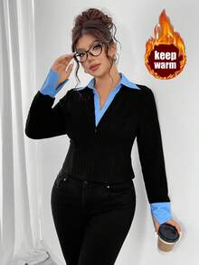 Elenzga Áo thun dài tay màu tương phản có khóa kéo cỡ lớn dành cho nữ, cổ áo sơ mi co giãn thoải mái, đa năng cho thể thao, thường ngày, công sở, thời trang thu đông - Nhiều màu - Xem 1