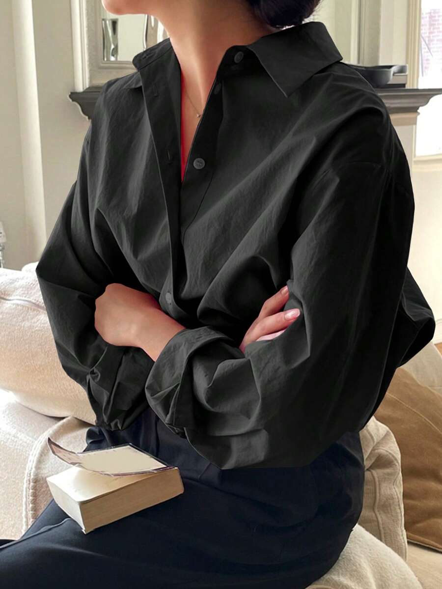 DAZY 女士纯色单排扣休闲日常长袖黑色衬衫