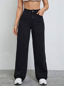 SHEIN ICON 大码女式弹力腰复古黑色直筒牛仔裤 - 黑色 - 查看 1