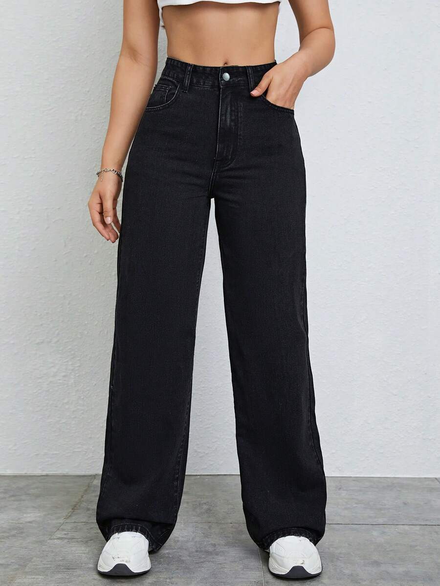 SHEIN ICON 大码女式弹力腰复古黑色直筒牛仔裤 - 黑色 - 查看 1