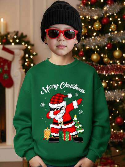 Tween Boy Casual Minimalist Fashion Classic Christmas Warm & Comfortable, Cartoon, Santa Claus, Christmas Pattern Loose Fit Thick Crew Neck Long Sleeve Hoodie Sweatshirt, Suitable For Autumn/Winter