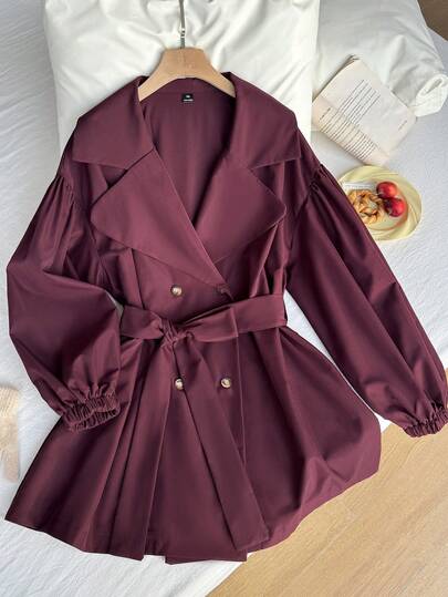 Solflare 酒红色纯色立领纽扣领带休闲简约大码风衣法式衣服女秋冬长款外套