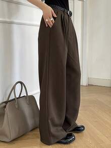 DAZY Quần âu xếp ly màu trơn đơn giản dành cho nữ, mùa thu - Cà phê nâu - Xem 4