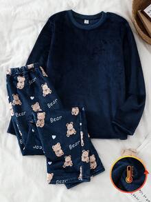 2件組 青少年女孩可愛海軍藍秋冬家庭套裝睡衣 素色圓領長袖上衣與棕熊字母舒適款 - 彩色 - 查看 9