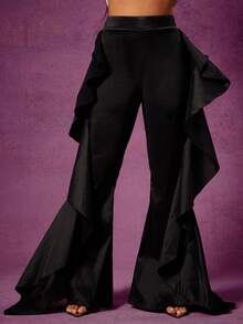 Vixey 纯色塔夫绸荷叶边喇叭裤 - 黑色 - 查看 2