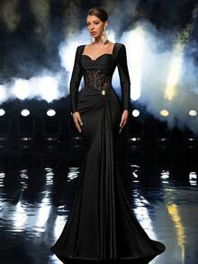 Glamrae 优雅奢华的串珠亮片拼接弹力针织美人鱼长裙，长袖设计，适合婚礼、派对、度假、盛大晚宴和正式场合。 - 黑色 - 查看 3