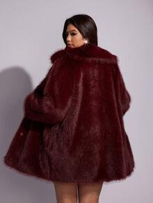 Allurite Mantel Bulu Imitasi Wanita Musim Dingin Warna Polos Kerah Lengan Panjang Longgar Modis Panjang Sedang - Burgundy - View 2