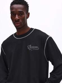 SUMWON 刺绣Logo圆领长袖T恤，撞色缝线细节，秋冬休闲上衣 - 黑色 - 查看 4