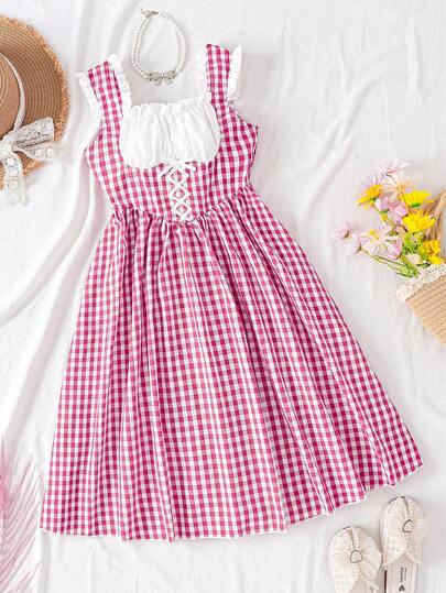 SHEIN Tween Girls Casual Elegant Cute Puff Sleeve A-Line Dress, Square Collar Plaid Drawstring Dress, Suitable For Spring, Summer, Autumn, Outdoor, Vacation, School