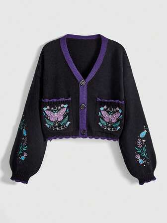 Goth Cardigan gotico, misterioso e scuro, con ricamo a contrasto di cristalli e motivo di falena, da strega o mago