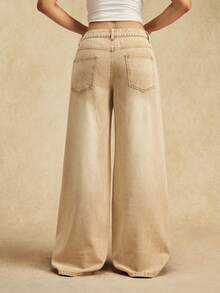 Easelle Quần jeans ống rộng dáng rộng thiết kế gợi cảm dành cho nữ, phong cách thoải mái - Màu Khaki - Xem 2