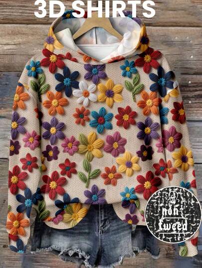 SHEIN LUNE Women's Casual Retro Floral Print Sweatshirt, Suitable For Autumn/Winter, 3D Floral Print, Vintage, Autumn Plus Size Sweatshirts Women Sweater For Women Women Sweatshirt Cute Sweatshirts