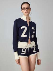 ROMWE Avant 2pcs Y2K Sporty Retro Numeral Cardigan & Shorts Set For Women - Navy Blue - View 6
