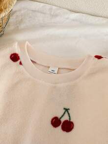 2pcs Girls Cherry Bow Pattern Casual Comfortable Fleece Pajama Set, Long Sleeve Top And Pants, Winter Cherry Pajama Set Bow Pajamas Girls Pajama Set Kids Pajama Set