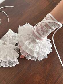 ROMWE Kawaii 洛丽塔蕾丝边网纱袖套，轻盈透气，适合音乐节派对 - 白色 - 查看 4