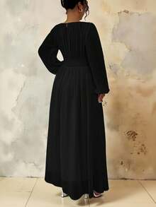 Roveilla Plus Size Women's Spring/Summer French Romantic Sicily Elegant Casual Commute Vacation Christmas Party Solid Brown Round Neck Ruched Waist Drawstring A-Line Elastic Waist Long Sleeve Maxi Dress Dress Modest Long Sleeve Formal Dress Black Church Dress Black Long Dress Elegant Black Maternity Dress