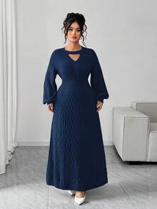 Elenzga Plus Size Elegant Delicate Hollow V-Neck Sweater Dress - Royal Blue - View 5