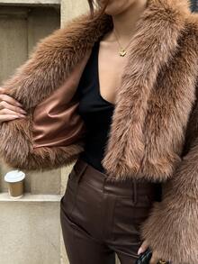 SHEIN Unity 1件女士奢华优雅仿毛皮内衬外套，酒红色 - 棕色 - 查看 7