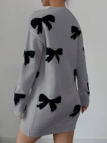 Elenzga 休闲蝴蝶结短款毛衣连衣裙，秋冬季基本款 - 灰色 - 查看 2
