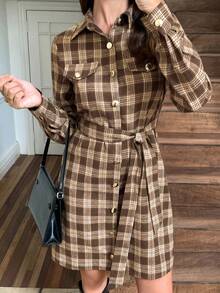 Elyressa Retro Checkered Lapel Button-Up Dress - Coffee - View 4