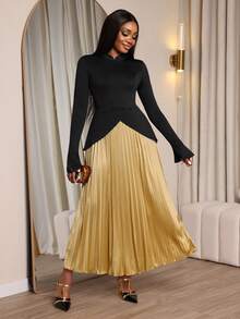 SHEIN Elenzya Elegante vestido nuevo de moda con cuello de volantes, color dorado, plisado, bloque de color, espalda cruzada con lazo, adecuado para citas de mujeres, fiestas formales, Navidad, Halloween, San Valentín, elementos chinos, cuello Mao, atuendo de Año Nuevo, otoño/invierno