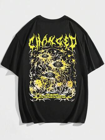 Goth T-shirt décontracté à manches courtes, col rond, avec slogan et graphique œil, coupe ample pour hommes