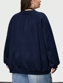 SHEIN CURVE+ 女式加大码 V 领骷髅手指花卉印花黑色加大码宽松羊毛运动衫冬季秋季秋冬 - 藏蓝色 - 查看 2