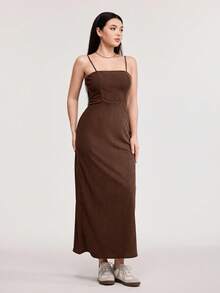 Veilorie 2 pièces Veste à simple boutonnage à manches longues de couleur unie et robe ample sans bretelles, ensemble 2 pièces automne pour femmes - Marron - Voir 5