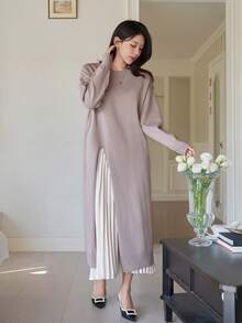 DAZY Women's Casual Solid Color Side Slit Long Sweater, Autumn - Pink - View 4