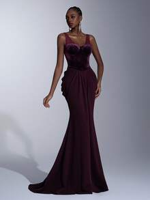 Elitara 优雅、浪漫、时尚的栗色弹力天鹅绒拼接鱼骨塑形吊带荷叶边鱼尾裙摆拖地礼服，适合各种场合，包括节日、度假、生日派对、婚礼、正式晚宴等。 - 紫紅色 - 查看 7