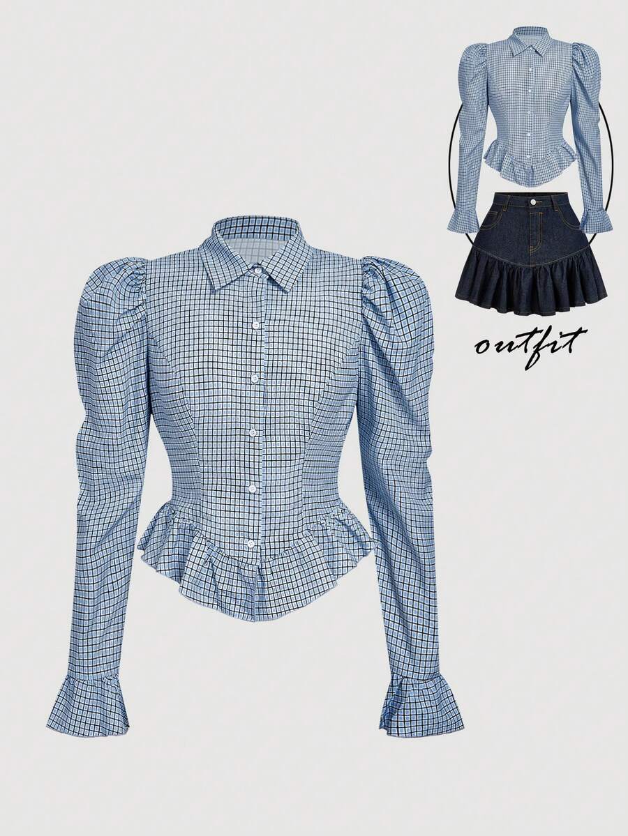 SHEIN MOD 喇叭泡泡袖蓝白格纹高腰荷叶边衬衫 - Y2K 复古宫廷风格法式衬衫，适合约会、派对、舞会、节日、生日、返校、校园和办公室穿着 - 藍白色 - 查看 1