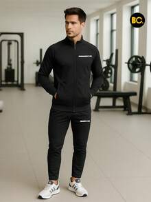Big City Conjunto Deportivo para Hombre Tipo Pants con Sudadera Cierre Completo Cuello Alto Look Moderno Urbano y Casual en Colores Negro Marino y Gris | Outfit para Clima Fresco y Estilo Diario - Negro - Ver 1