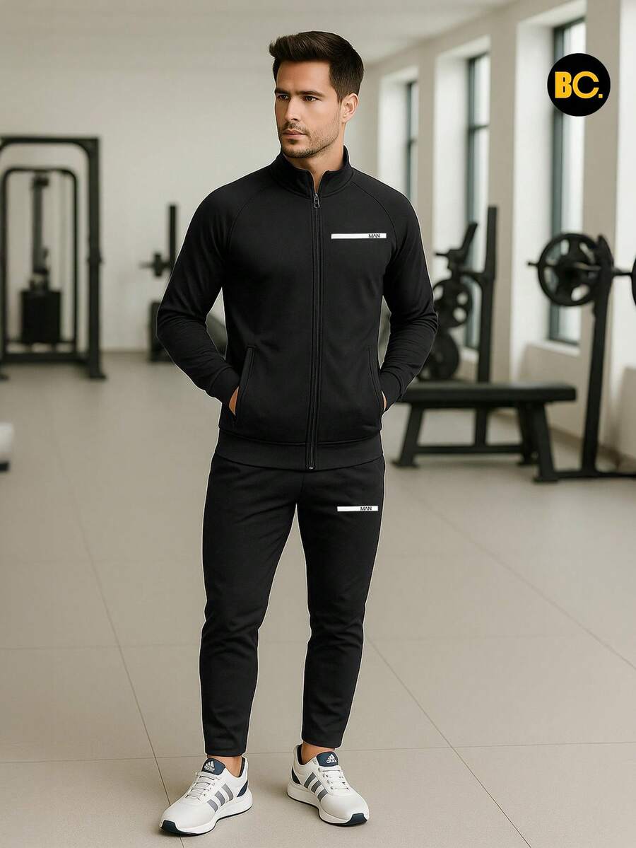 Big City Conjunto Deportivo para Hombre Tipo Pants con Sudadera Cierre Completo Cuello Alto Look Moderno Urbano y Casual en Colores Negro Marino y Gris | Outfit para Clima Fresco y Estilo Diario - Negro - Ver 1