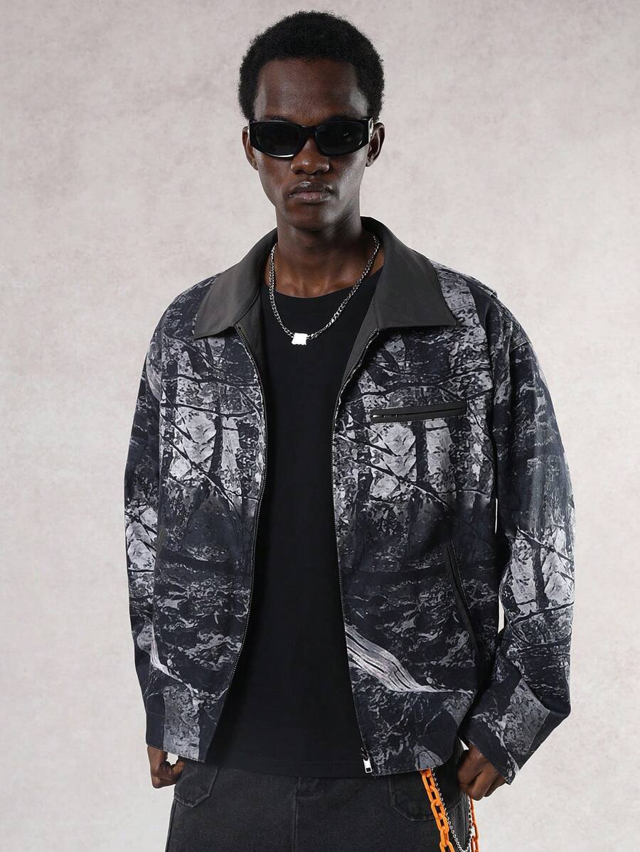 DAZY 男士数码印花拼接领设计夹克外套，秋冬款 - 黑色 - 查看 1