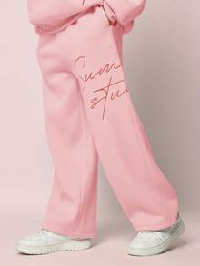 SUMWON 少女连帽衫和运动裤套装，带刺绣字母设计，休闲度假装 - 淺粉色 - 查看 4