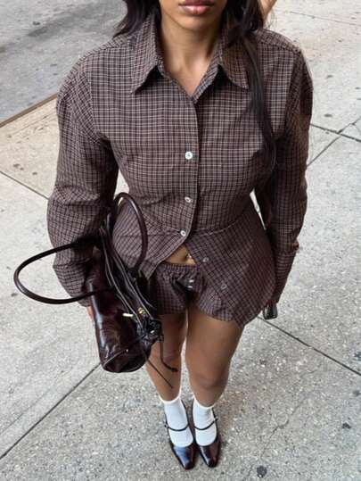 Siren Gaze Brown Plaid Fitted Waist Shirt For Women, Fashionable And Retro Autumn/Winter Plaid Long-Sleeved Shirt, Suitable For Everyday Outings And Commuting, Autumn/Winter Women's Clothing. Casual Spring