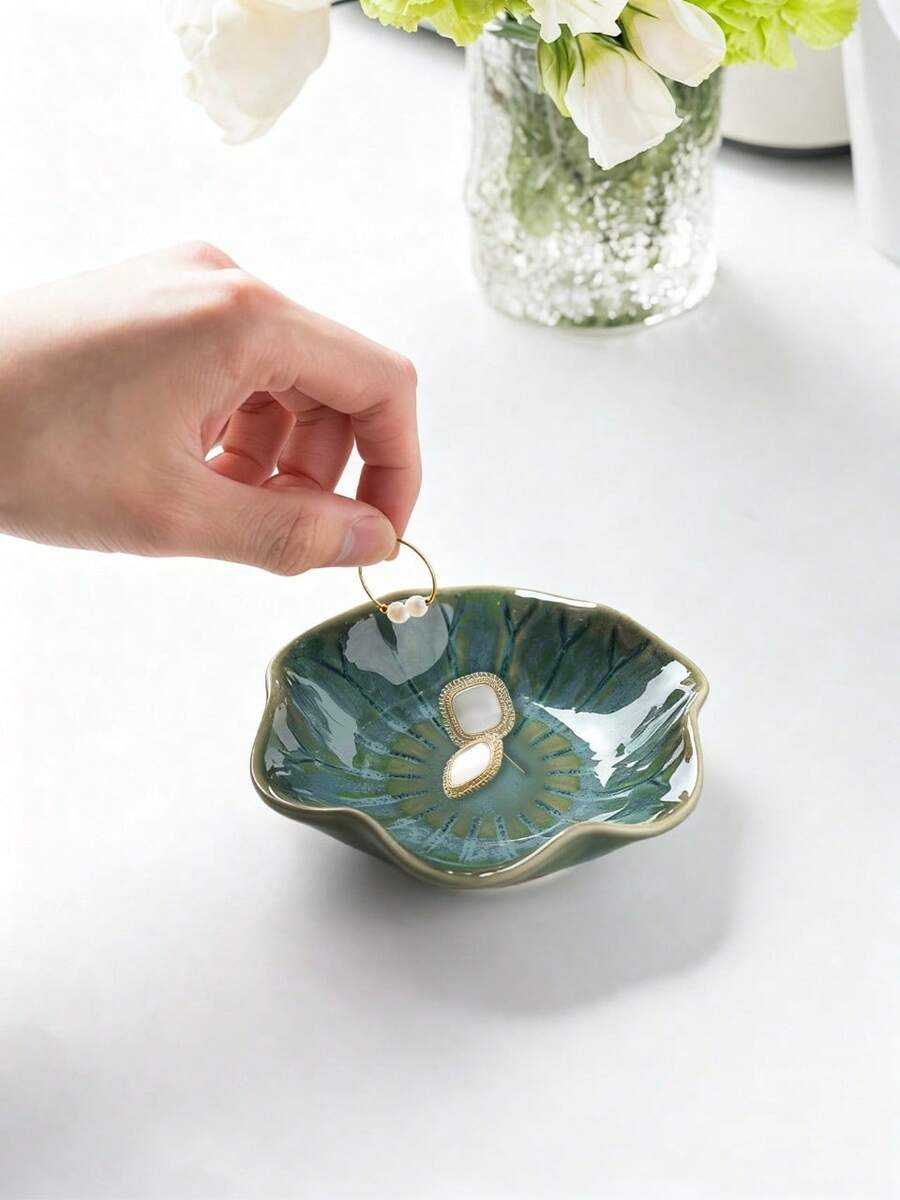 1 khay đựng đồ trang sức lá sen bằng gốm sứ màu xanh ngọc bích thanh lịch đựng hoa tai, nhẫn, chìa khóa và phụ kiện nhỏ, quà tặng sinh nhật hoặc năm mới hoàn hảo, lưu trữ trên bàn làm việc ngày lễ tình nhân - màu xanh lá - Xem 1
