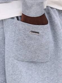 SUMWON Bộ đồ hoodie pha trộn cỡ lớn và quần nỉ ống rộng phối chi tiết đường may cho trang phục mặc nhà mùa đông thoải mái hàng ngày - Xám - Xem 8