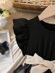 SHEIN Gaun A-line Peri Musim Panas Hitam untuk Bayi Perempuan dengan Lengan Bergelombang dan Sabuk yang Serasi, Siluet Klasik untuk Acara Jalan-jalan, Pemotretan, dan Item Fashion. - MultiWarna - View 5