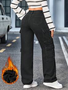 SHEIN Tall Women's Solid Color Minimalist Everyday Pocket Denim Jeans - Black - View 2