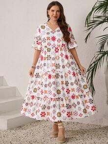 EMERY ROSE 大码夏季度假休闲印花短袖连衣裙 - 彩色 - 查看 7