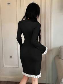 Feyla 拼色修身优雅针织迷你连衣裙，女士秋冬毛衣裙 - 黑與白 - 查看 2