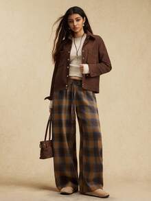 Easelle 女士抽绳腰带格子阔腿宽松休闲裤 - 棕色 - 查看 5