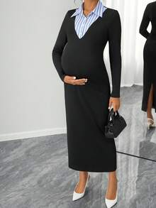 SHEIN 孕妇蓝白格子衬衫领开襟开衩下摆优雅连衣裙，秋冬款 - 黑色 - 查看 6