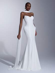 Elitara 优雅奢华的白色缎面雪纺不对称领口鱼尾裙，配可拆卸披肩，适合正式场合和婚礼。 - 白色 - 查看 7