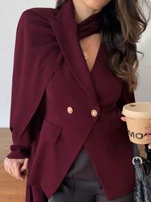 Elyressa Blazer de mujer estilo francés para ir al trabajo, con cuello de solapa asimétrico, manga larga y cintura ceñida, con decoración de hebilla de metal - Rojo violeta - Ver 3