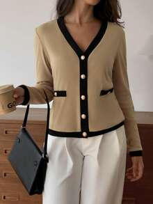 Elyressa Elegant Commuter Colorblock Trim Long Sleeve T-Shirt, Autumn - Coffee Brown - View 4