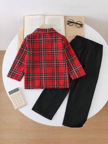 SHEIN 2pcs Young BoyRibbed Knit Collared Long Sleeve Shirt & Ribbed Woven Casual Pants Set, Spring/Autumn - Red - View 2